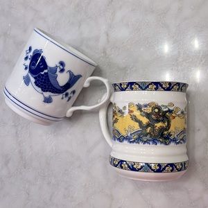 Oriental Asian Ceramic Tea Mugs - Beautiful Koi Fish & Dragon Set - Like New!